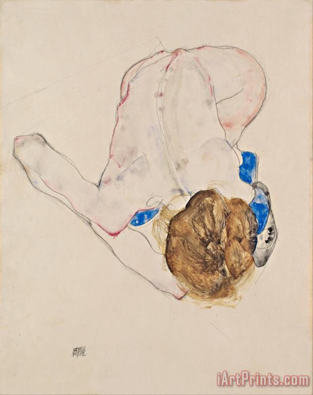 Egon Schiele Nude with Blue Stockings, Bending Forward Art Painting