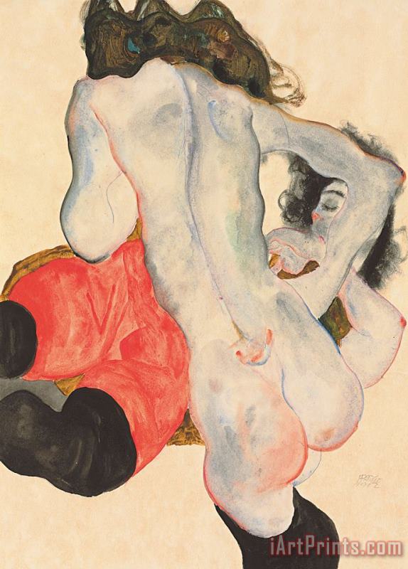Egon Schiele Reclining woman in red trousers and standing female nude Art Painting