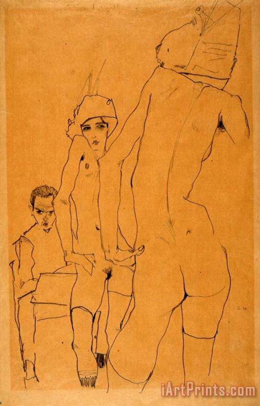Egon Schiele Schiele with Nude Model Before The Mirror, 1910 Art Painting