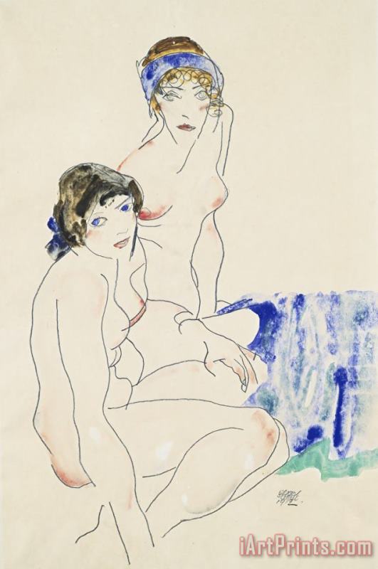 Two Female Nudes by The Water painting - Egon Schiele Two Female Nudes by The Water Art Print