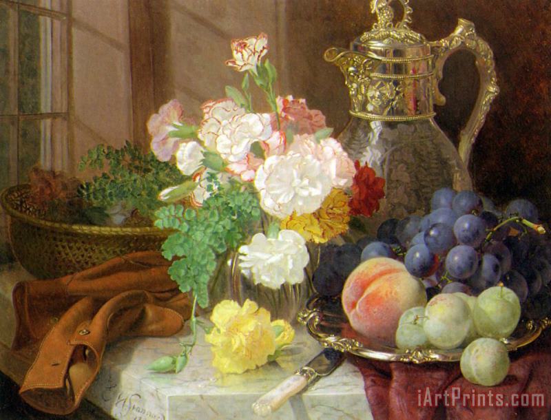 Eloise Harriet Stannard Carnations in a Glass Vase on a Draped Marble Ledge Art Painting