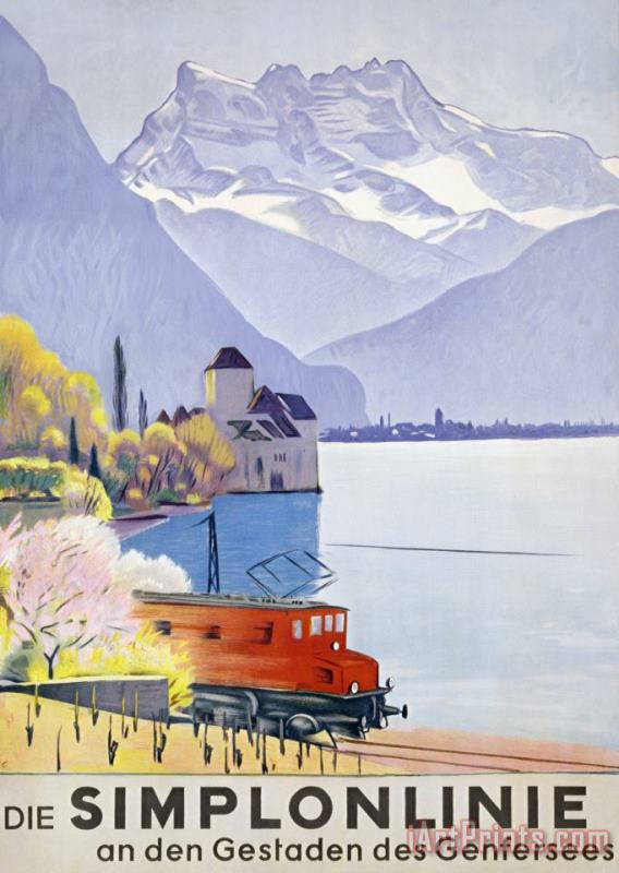 Poster Advertising Rail Travel Around Lake Geneva painting - Emil Cardinaux Poster Advertising Rail Travel Around Lake Geneva Art Print