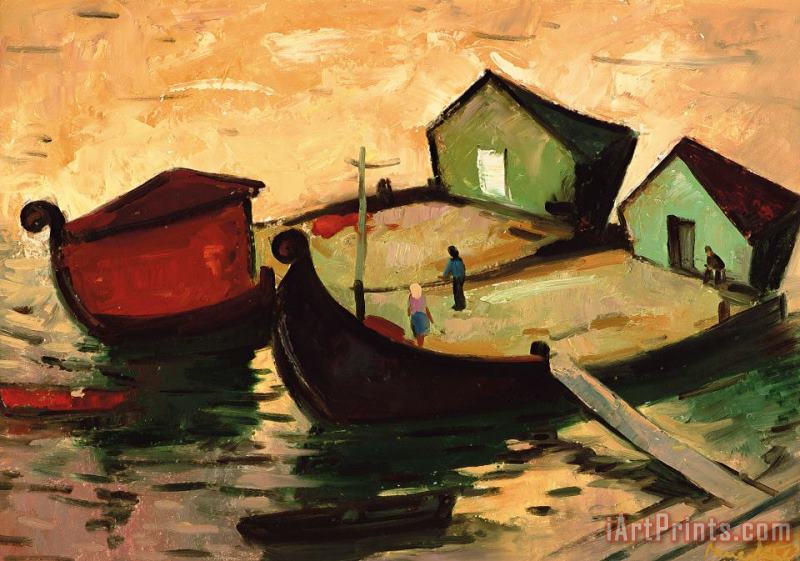 Fishing Barges On The River Sugovica painting - Emil Parrag Fishing Barges On The River Sugovica Art Print