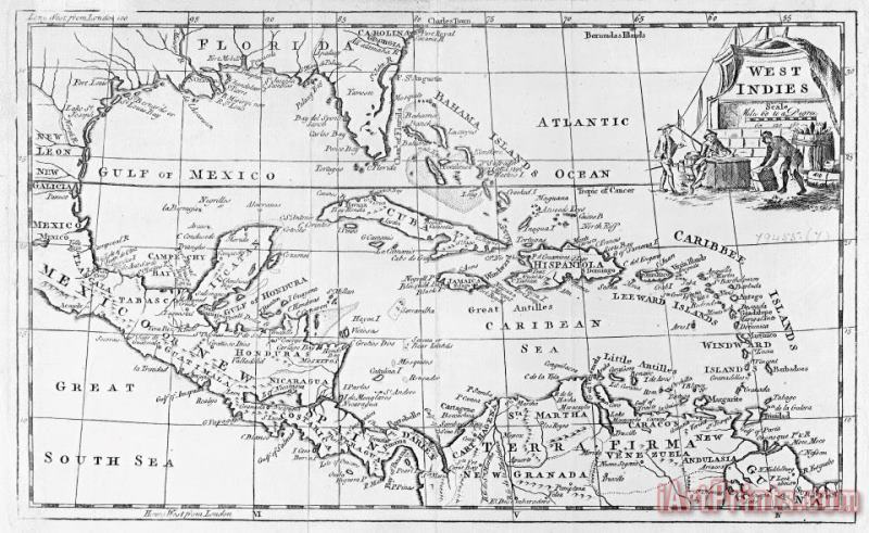 English School Map of the West Indies Florida and South America Art Painting