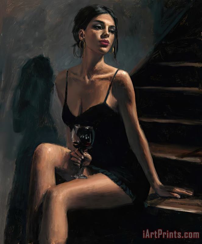 Fabian Perez Girl with Red at Stairs II Art Painting