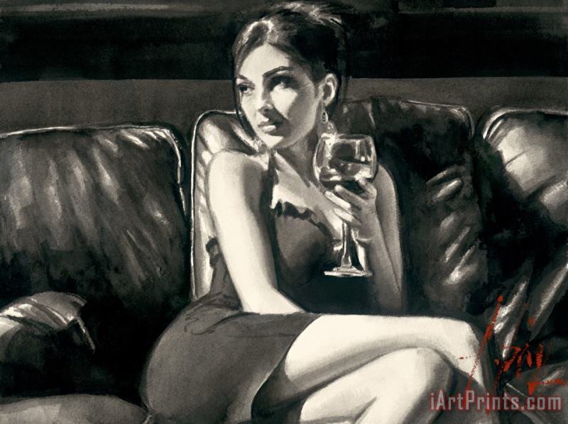 Fabian Perez Tess on Leather Couch with Red Wine Art Print