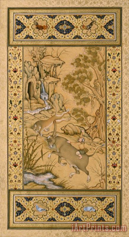 Leaf From The Muraqqa Gulshan a Buffalo Fighting a Lioness (recto) Calligraphy (verso) painting - Farrukh Chela Leaf From The Muraqqa Gulshan a Buffalo Fighting a Lioness (recto) Calligraphy (verso) Art Print