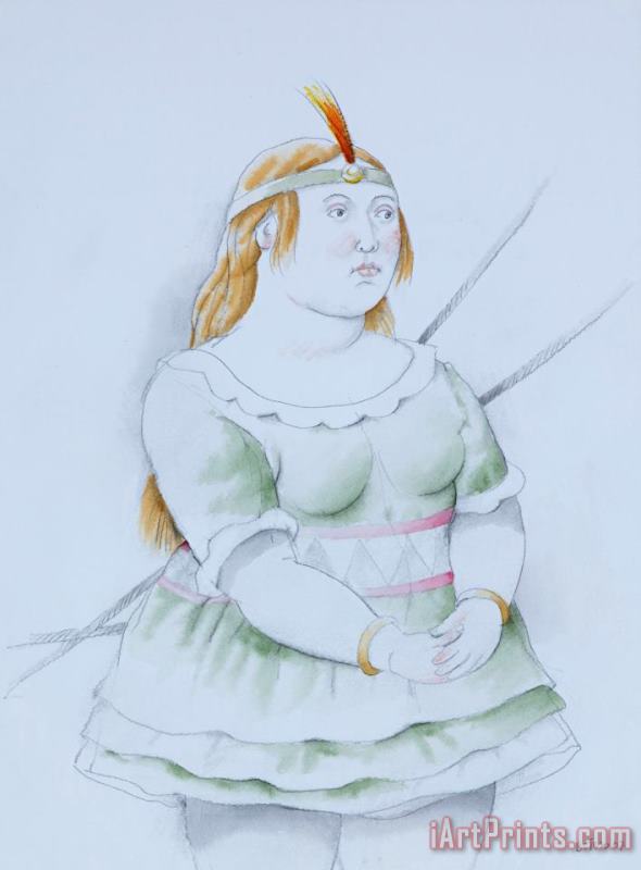 Fernando Botero Dancer with Green Tutu And with an Orange Plumed Headband, 2007 Art Painting