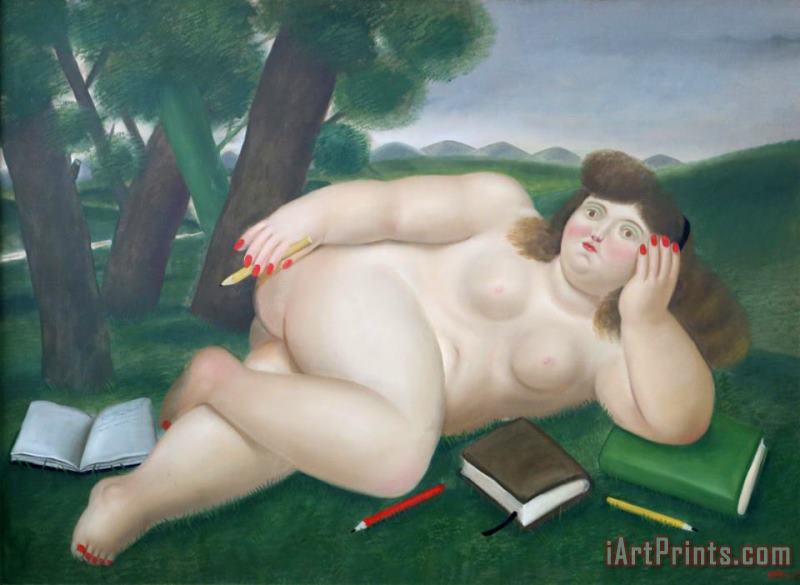 Fernando Botero Reclining Nude with Books And Pencils on Lawn, 1982 Art Print