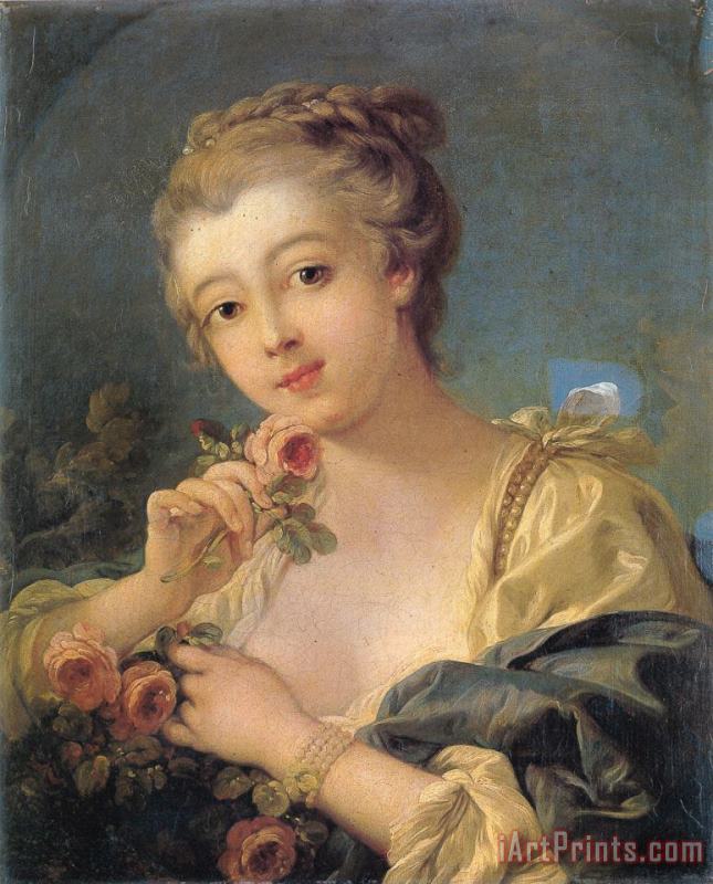 Francois Boucher Young Woman with a Bouquet of Roses Art Print