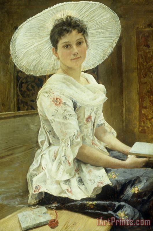 Franz Xaver Simm A Young Beauty in a White Hat Art Painting