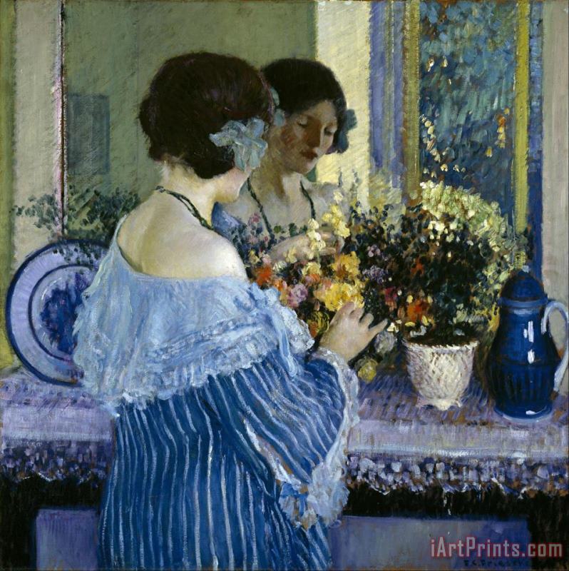 Frederick Carl Frieseke Girl in Blue Arranging Flowers Art Print