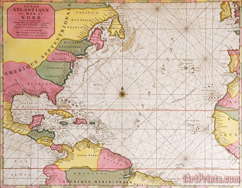 Map Of The Atlantic Ocean Showing The East Coast Of North America The Caribbean And Central America painting - French School Map Of The Atlantic Ocean Showing The East Coast Of North America The Caribbean And Central America Art Print