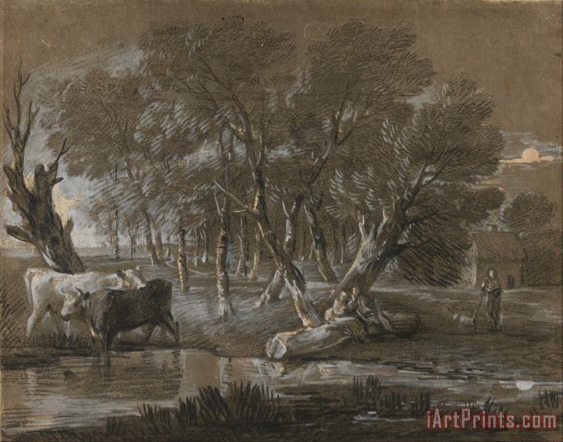 Gainsborough, Thomas A Moonlit Landscape with Cattle by a Pool Art Print