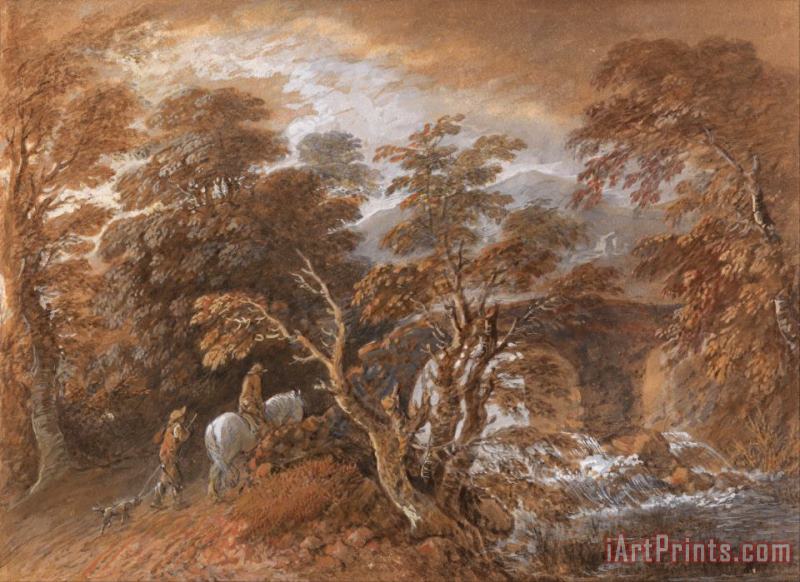 Hilly Landscape with Figures Approaching a Bridge painting - Gainsborough, Thomas Hilly Landscape with Figures Approaching a Bridge Art Print