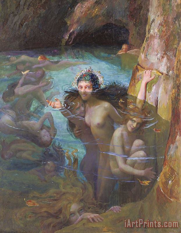Gaston Bussiere Sea Nymphs at a Grotto Art Painting