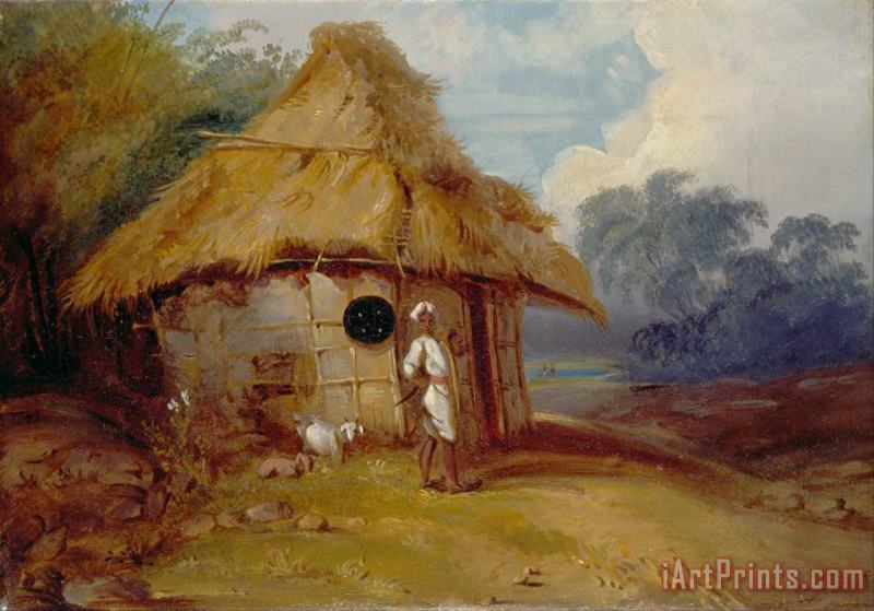 View in Southern India, with a Warrior Outside His Hut painting - George Chinnery View in Southern India, with a Warrior Outside His Hut Art Print