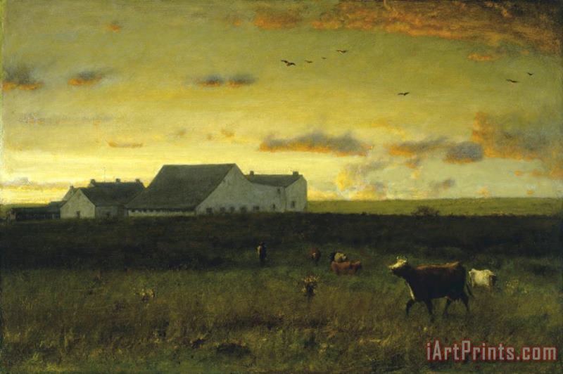 George Inness Farm Landscape, Cattle in Pasture Sunset Nantucket Art Painting