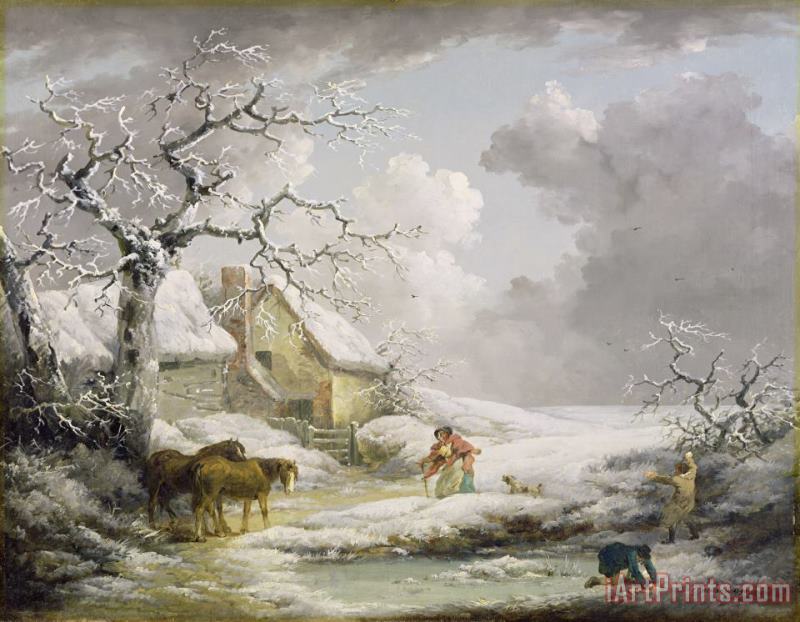 Winter Landscape with Men Snowballing an Old Woman painting - George Morland Winter Landscape with Men Snowballing an Old Woman Art Print