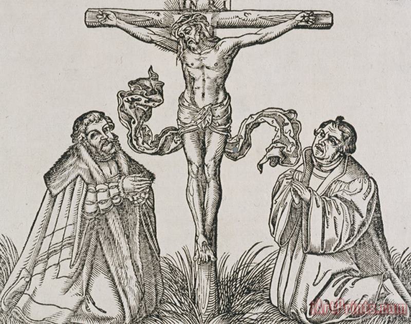 Martin Luther And Frederick IIi Of Saxony Kneeling Before Christ On The Cross painting - German School Martin Luther And Frederick IIi Of Saxony Kneeling Before Christ On The Cross Art Print