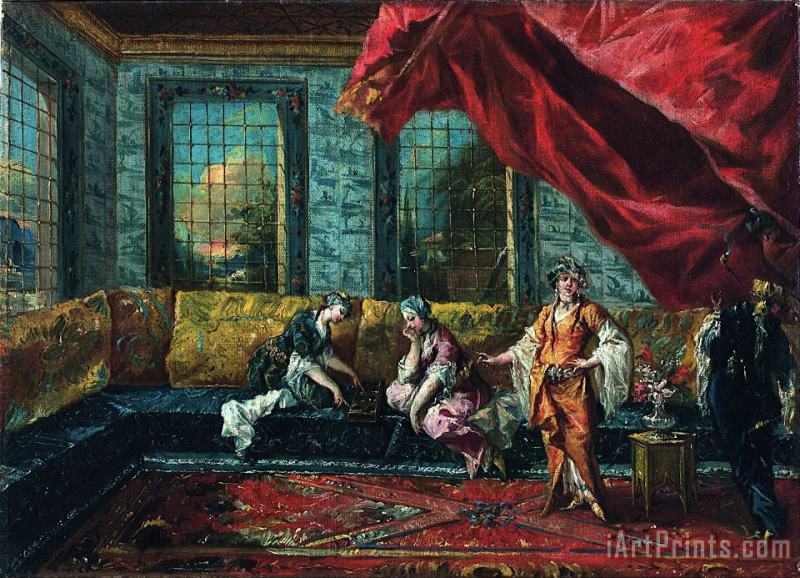 Two Odalisques Playing Mancala in The Harem painting - Giovanni Antonio Guardi; Francesco Guardi Two Odalisques Playing Mancala in The Harem Art Print