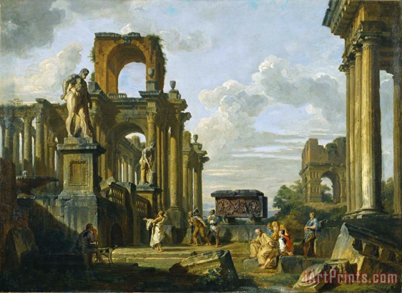 An Architectural Capriccio of The Roman Forum with Philosophers And Soldiers Among Ancient Ruins, In... painting - Giovanni Paolo Panini An Architectural Capriccio of The Roman Forum with Philosophers And Soldiers Among Ancient Ruins, In... Art Print