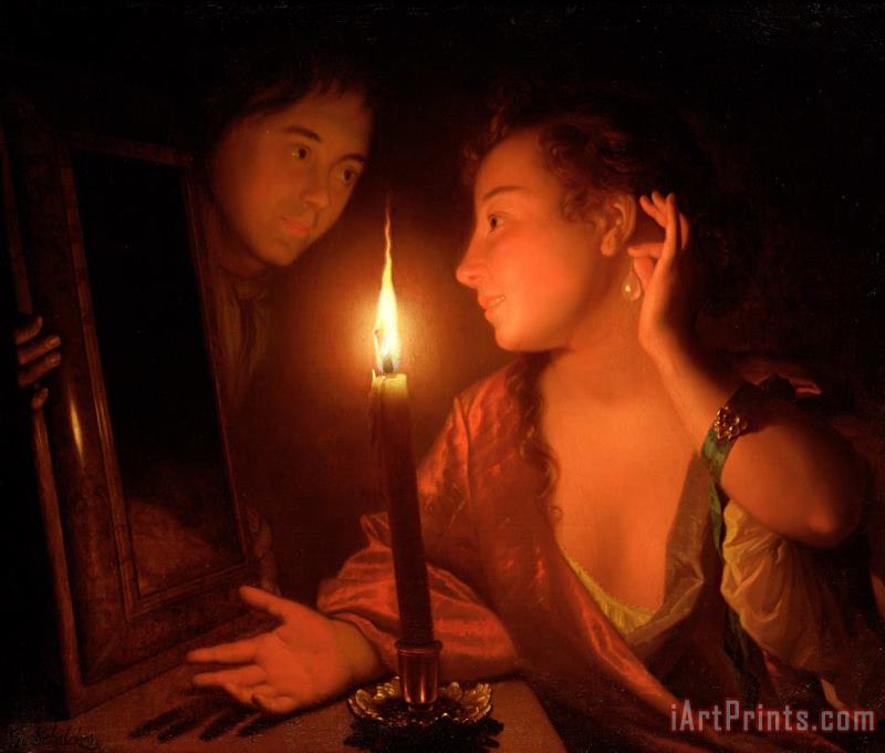 Godfried Schalcken A Lady Admiring An Earring by Candlelight Art Print