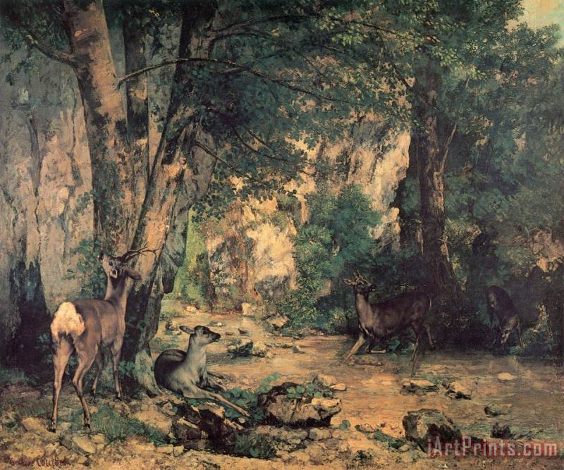 A Thicket of Deer at The Stream of Plaisirfountaine painting - Gustave Courbet A Thicket of Deer at The Stream of Plaisirfountaine Art Print