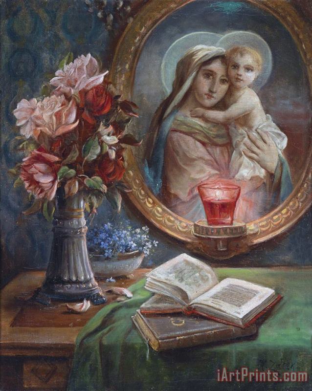 Hans Zatzka Still Life with Roses And Madonna Art Painting