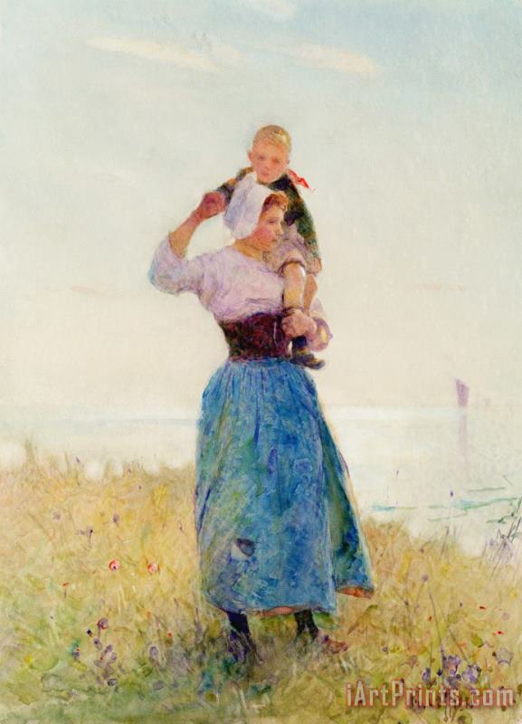 Hector Caffieri Woman and Child in a Meadow Art Painting