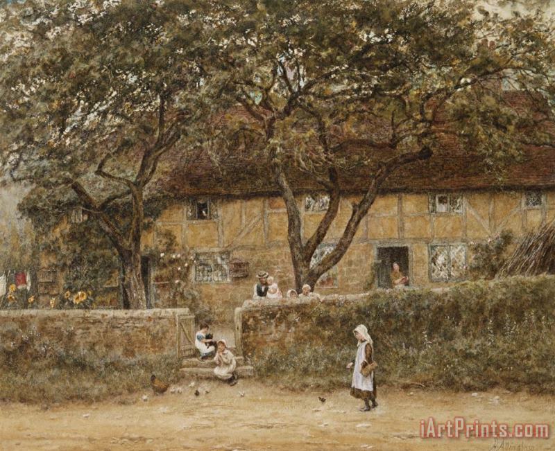 Children outside a Cottage painting - Helen Allingham Children outside a Cottage Art Print