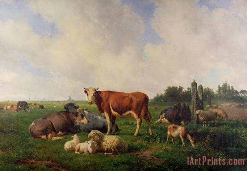 Hendrikus van de Sende Baachyssun Animals Grazing in a Meadow Art Painting