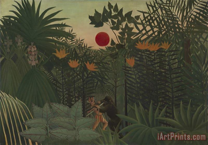 Tropical Landscape an American Indian Struggling with a Gorilla painting - Henri Rousseau Tropical Landscape an American Indian Struggling with a Gorilla Art Print