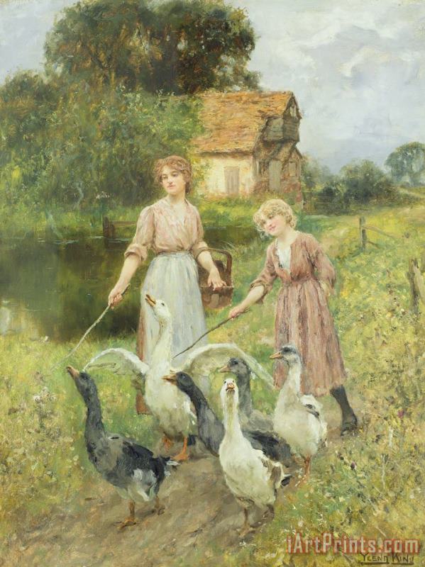  Girls Herding Geese painting - Henry John Yeend King  Girls Herding Geese Art Print