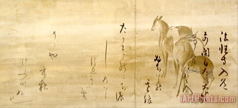Calligraphy of Poems From The Shinkokin Wakashu on Paper Decorated with Deer painting - Honami Koetsu Calligraphy of Poems From The Shinkokin Wakashu on Paper Decorated with Deer Art Print