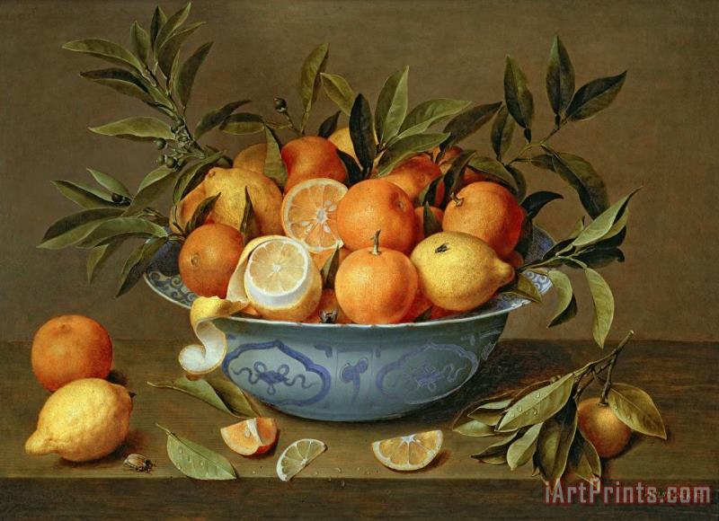 Still Life with Oranges and Lemons in a Wan-Li Porcelain Dish painting - Jacob van Hulsdonck Still Life with Oranges and Lemons in a Wan-Li Porcelain Dish Art Print
