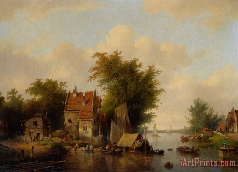 Jacobus Van Der Stok A River Landscape with Many Figures by a Village Art Painting