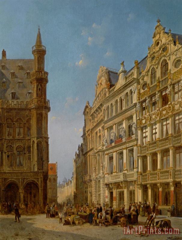 Jacques Carabain Many Figures at an Auction on The Grande Place in Brussels Art Print