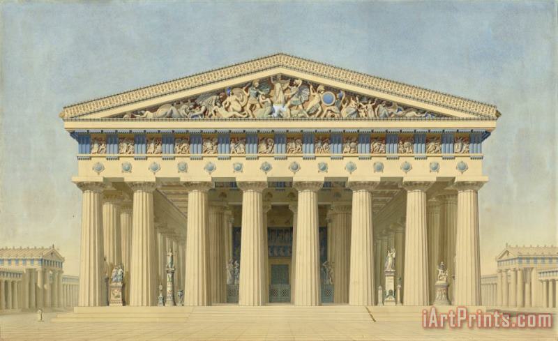 Temple T at Selinunte (sicily), Reconstructed Elevation of The Main Facade painting - Jacques Ignace Hittorff Temple T at Selinunte (sicily), Reconstructed Elevation of The Main Facade Art Print
