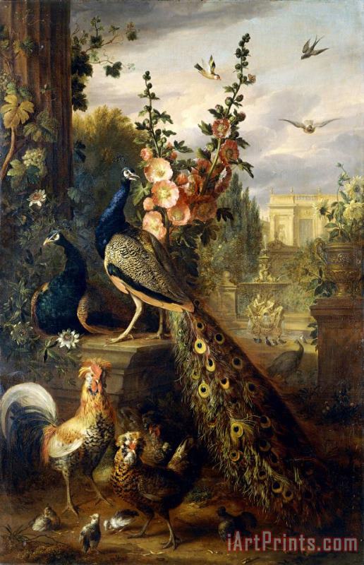 Jakob Bogdany Two Peacocks on a Stone Plinth in a Garden Art Painting