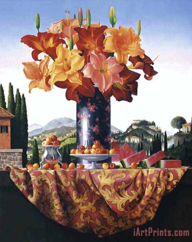 James Aponovich Castello Nuovo: Still Life with Day Lilies And Watermelon Art Painting