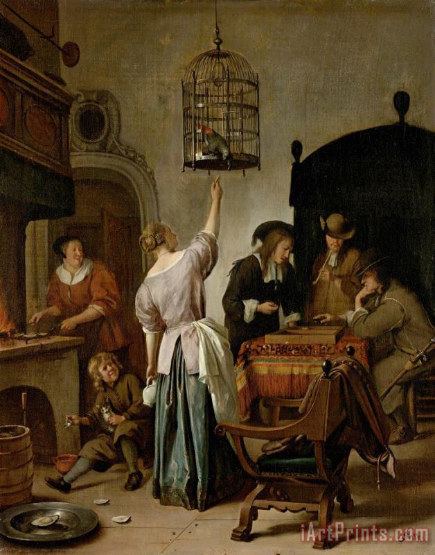 Jan Havicksz Steen Interior with a Woman Feeding a Parrot, Known As 'the Parrot Cage' Art Print