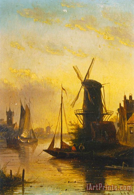 A Summer Landscape with a Windmill at Sunset painting - Jan Jacob Coenraad Spohler A Summer Landscape with a Windmill at Sunset Art Print