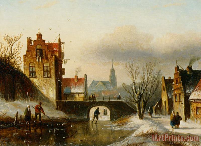 Figures on a Frozen Canal in a Dutch Town painting - Jan Jacob Coenraad Spohler Figures on a Frozen Canal in a Dutch Town Art Print