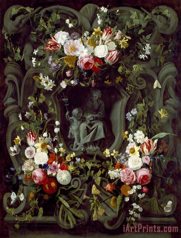 Jan Philip Van Thielen A Stone Cartouche with The Virgin And Child, Encircled by a Garland of Flowers Art Painting
