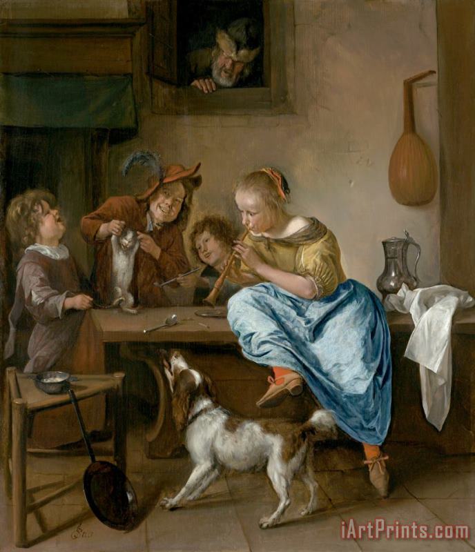 Jan Steen Children Teaching a Cat to Dance, Known As 'the Dancing Lesson' Art Print