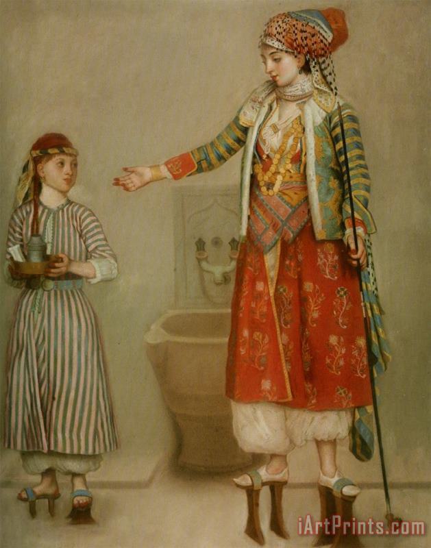 A Lady in Turkish Costume with Her Servant at The Hammam painting - Jean-Etienne Liotard A Lady in Turkish Costume with Her Servant at The Hammam Art Print