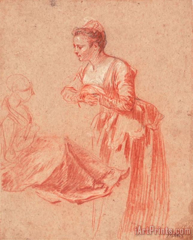 Two Figure Studies of a Young Woman, 1715 1717 painting - Jean Antoine Watteau Two Figure Studies of a Young Woman, 1715 1717 Art Print