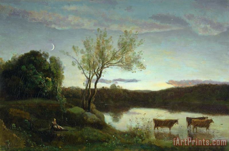 Jean Baptiste Camille Corot A Pond with three Cows and a Crescent Moon Art Print