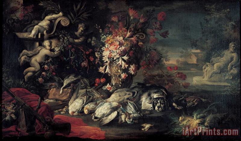 Death Nature with Shooting Gear And Flowers II painting - Jean Baptiste Oudry Death Nature with Shooting Gear And Flowers II Art Print